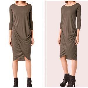 Allsaints Warp Sleeve Dress Midi Ruched Draped Khaki Green Size 8 Needs TLC